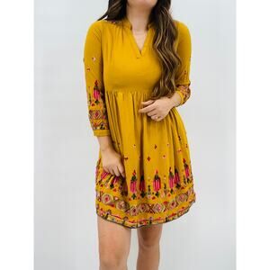 Anthropologie Floreat Mustard Yellow Embroidered Long Sleeve Babydoll Dress